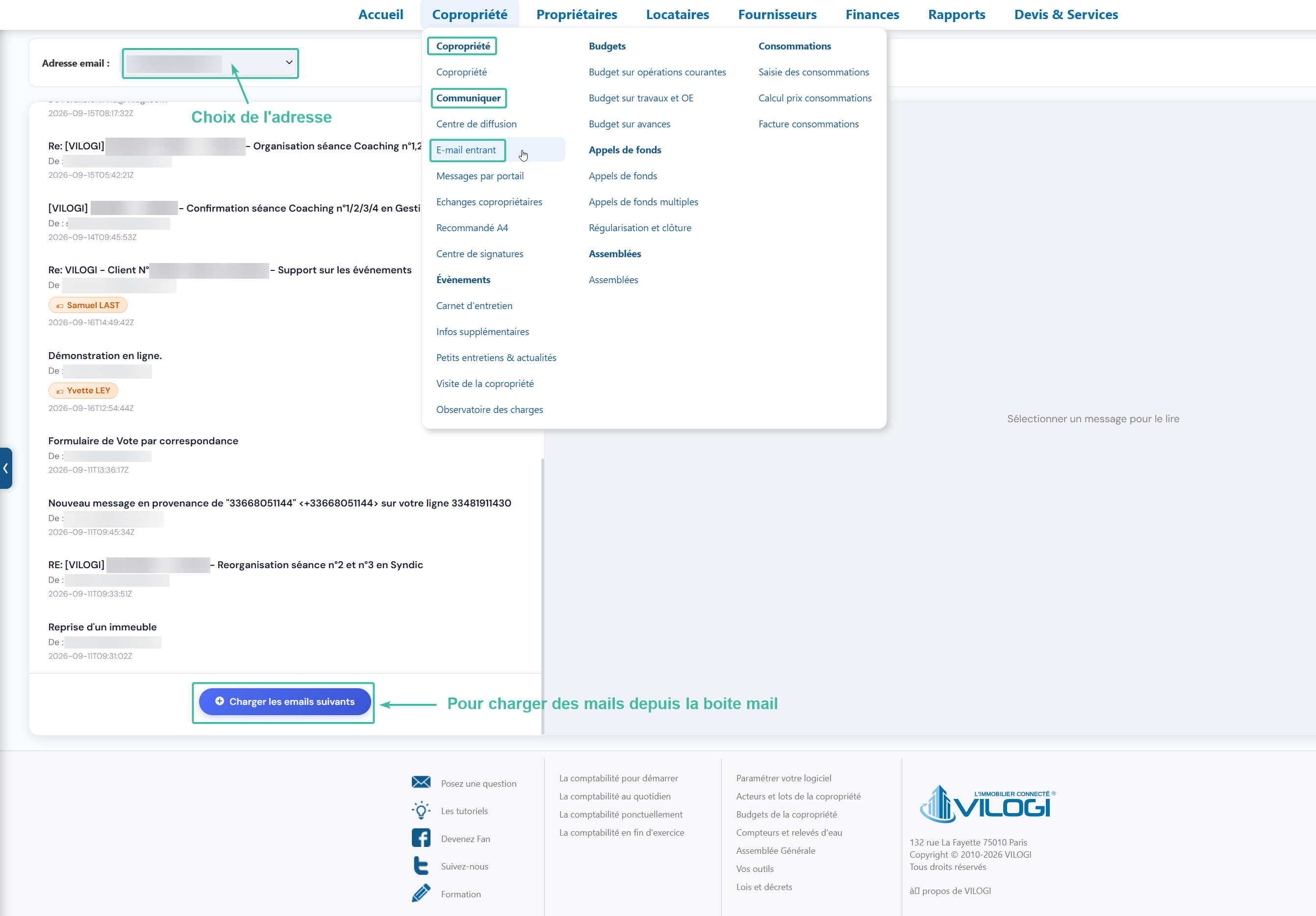 Une page pour voir les e-mails entrants et les classer Tutoriel logiciel immobilier pour syndics et administrateurs de biens